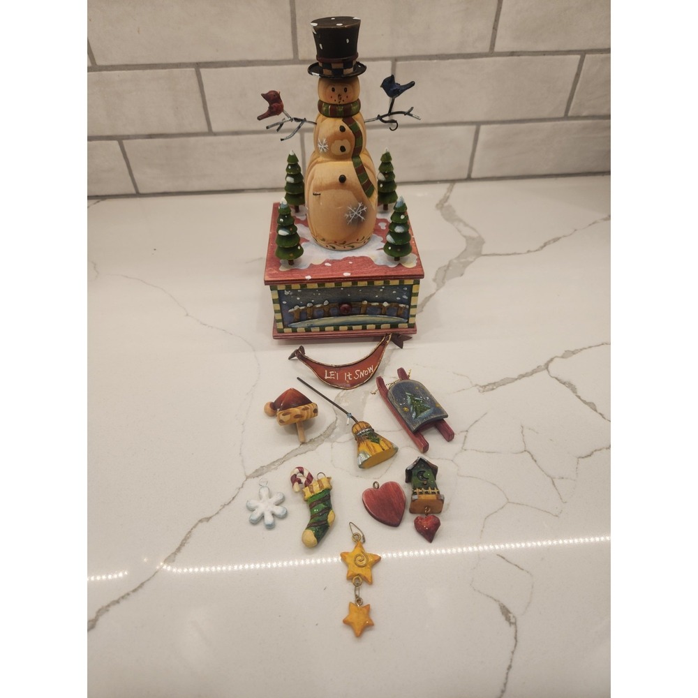 Wooden Snowman Christmas Music Box with Drawer and Interchangeable Charms & Hats